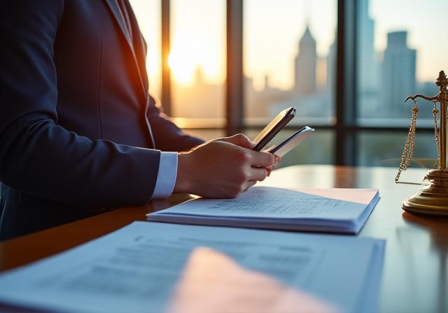 Professional legal consultant reviewing compliance documents in a modern London office