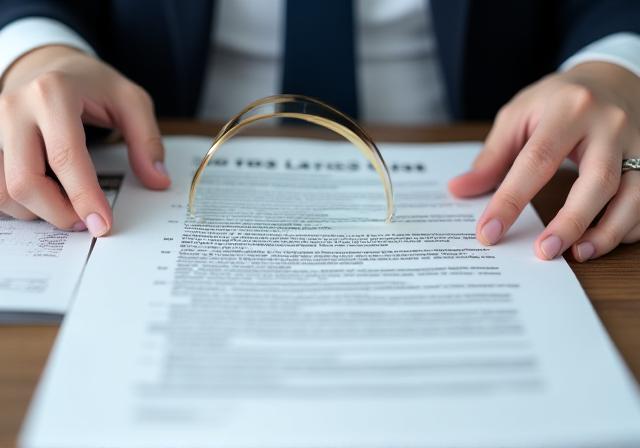 Business professional reviewing documents with a gold-trimmed magnifying glass