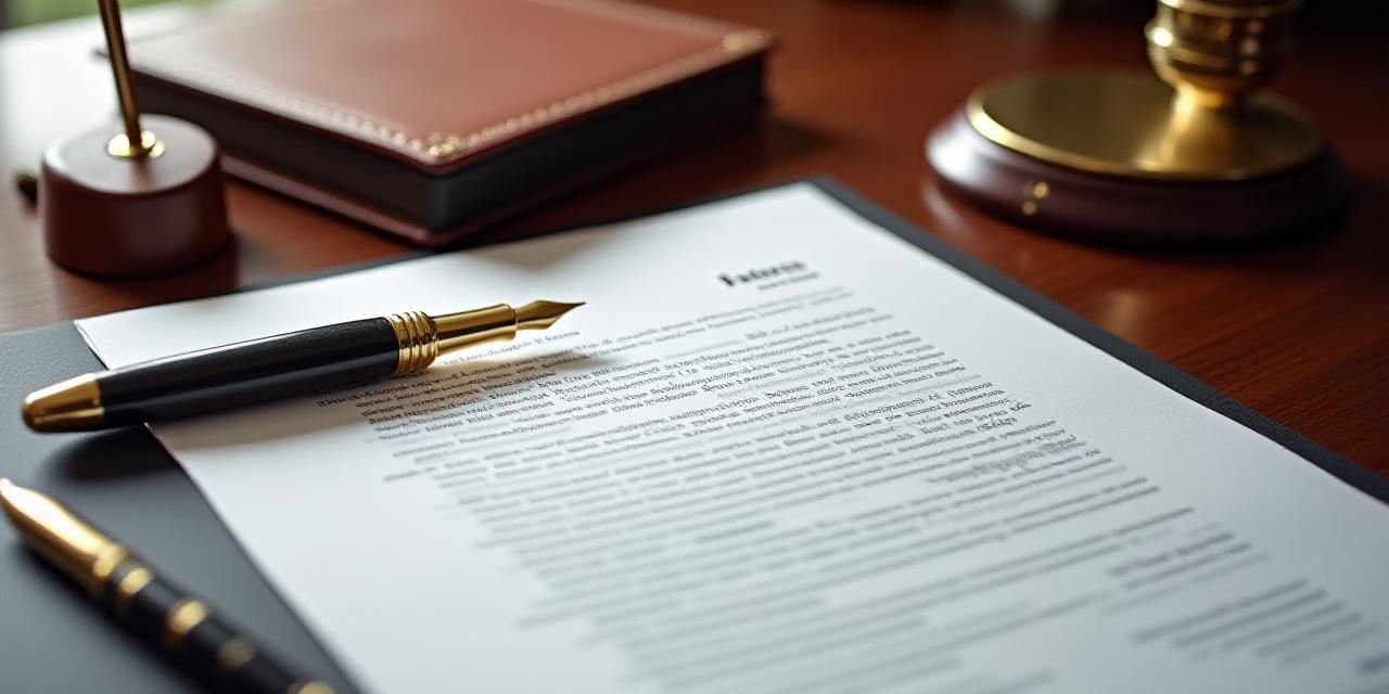 A professional desk with legal documents and a fountain pen