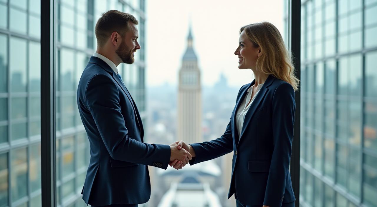Two professionals shaking hands in a bright London boardroom