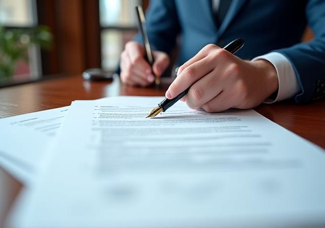 Close-up of a legal professional reviewing an employment contract with a fountain pen