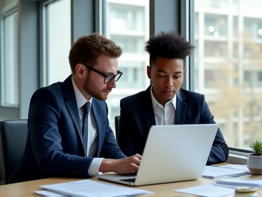 Two professionals discussing a contract in a light-filled London office