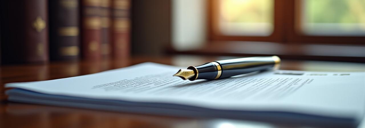 Legal documents and a fountain pen on a professional desk surface